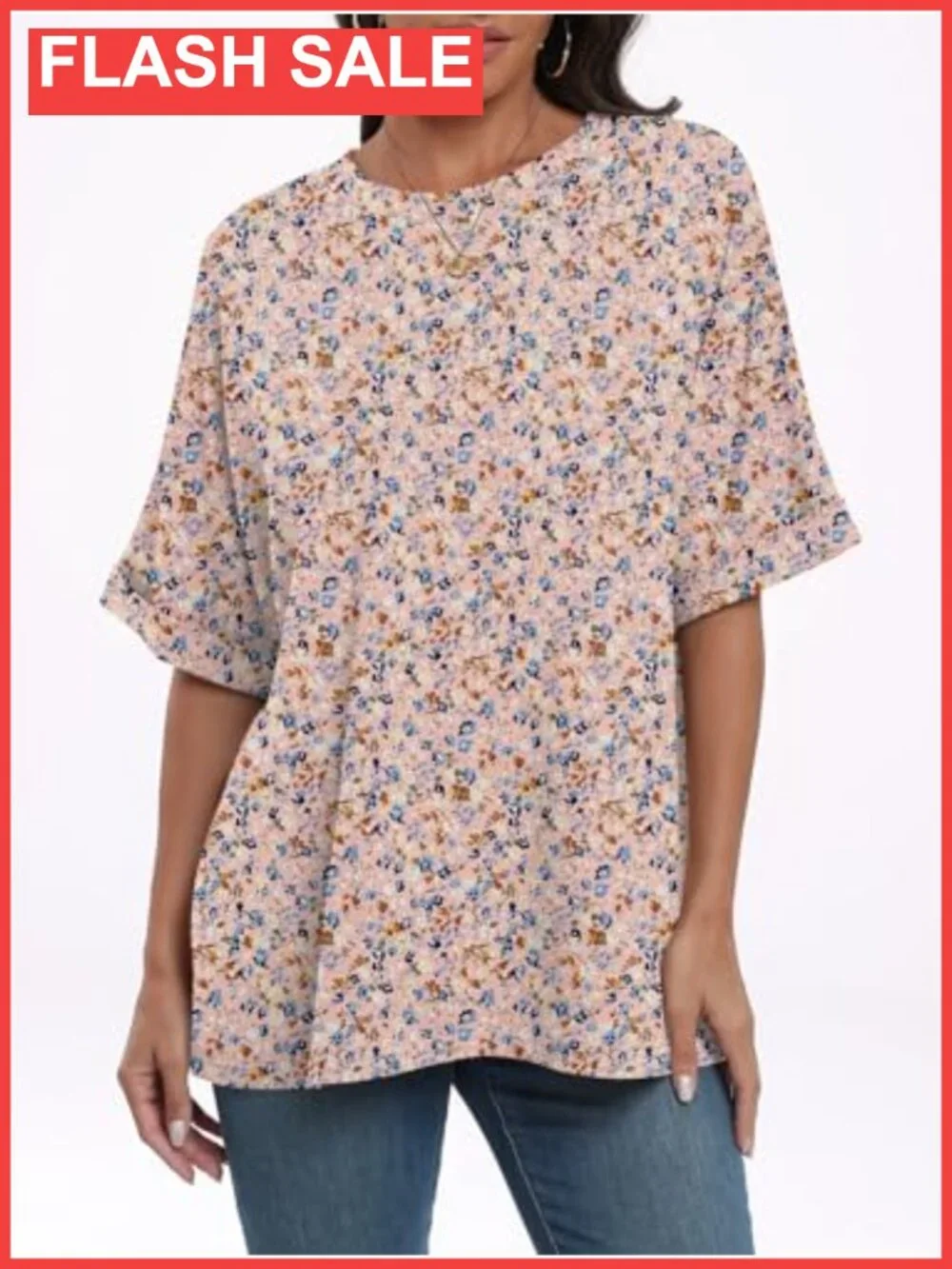 Womens Oversized Tunic T-Shirt Crew Neck Roll Sleeve Polyester Rayon
